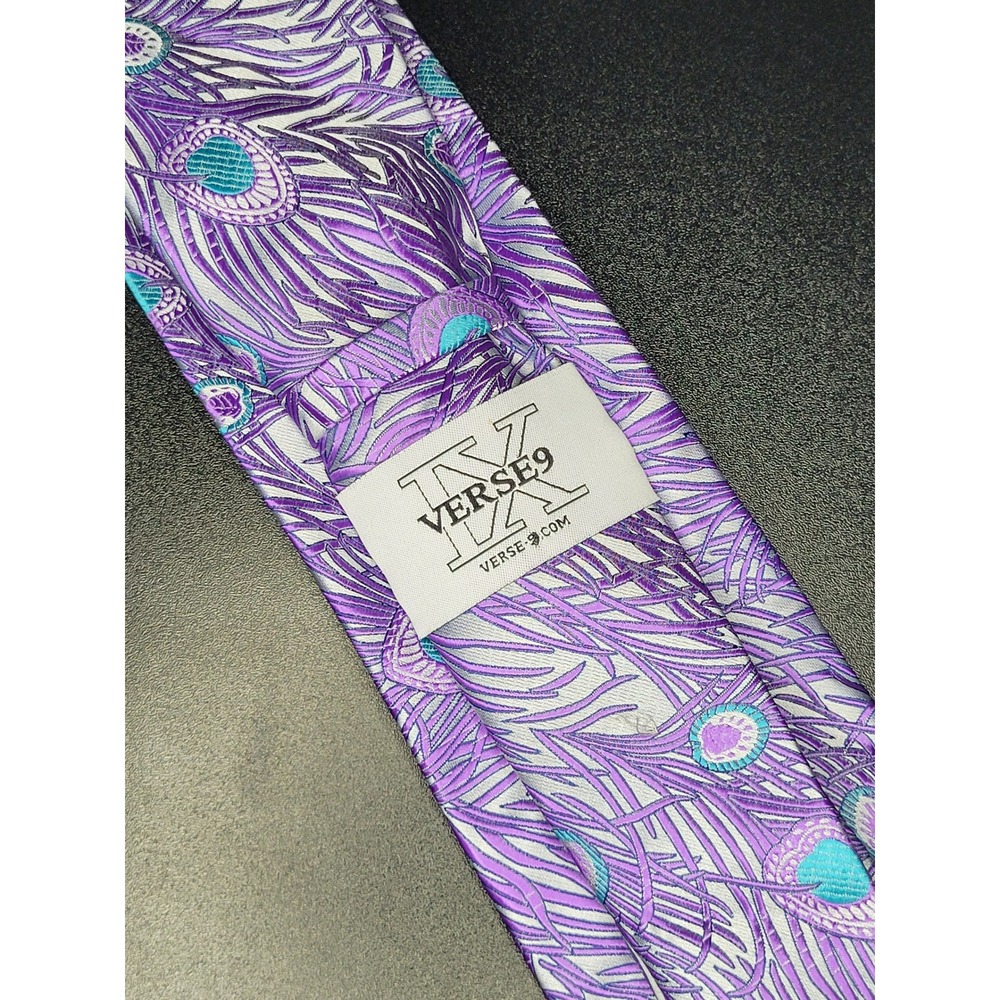 Verse 9 Necktie Purple Gray Teal Peacock Feather Silk Excellent